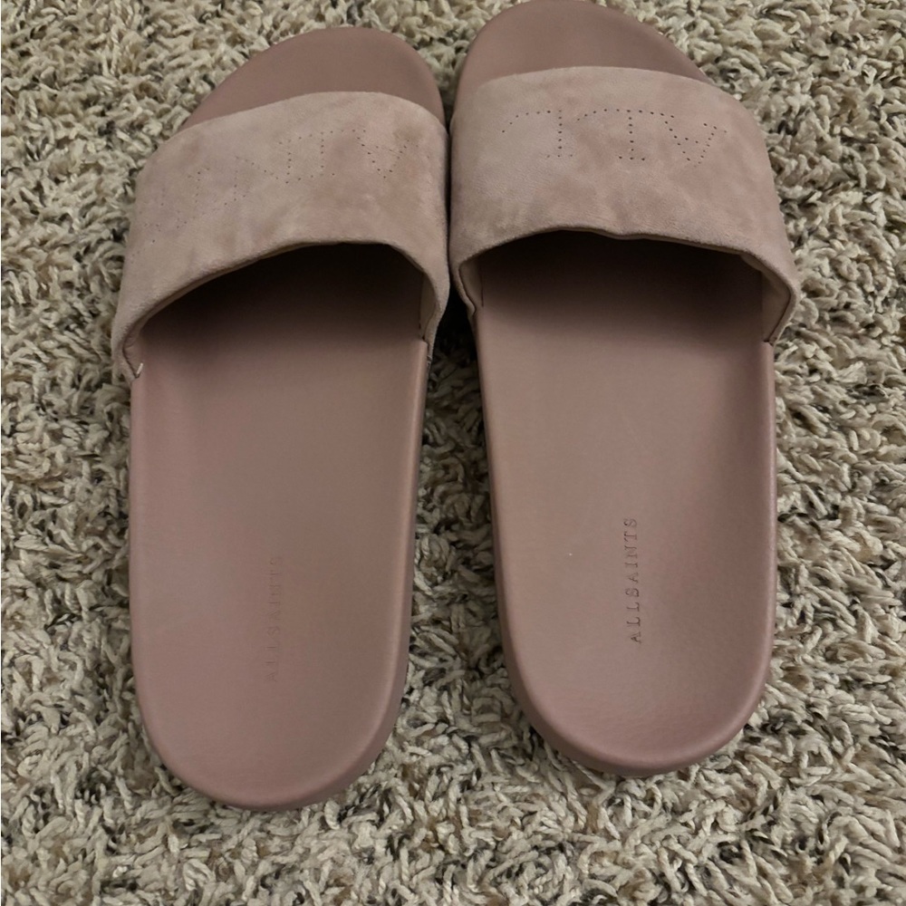 All Saints Tan Suede Slide Sandals - Picture 2 of 3